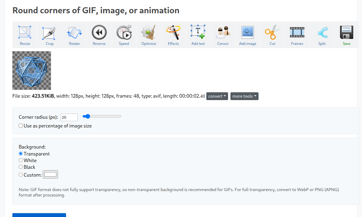 Round corners of GIF, image, or animation